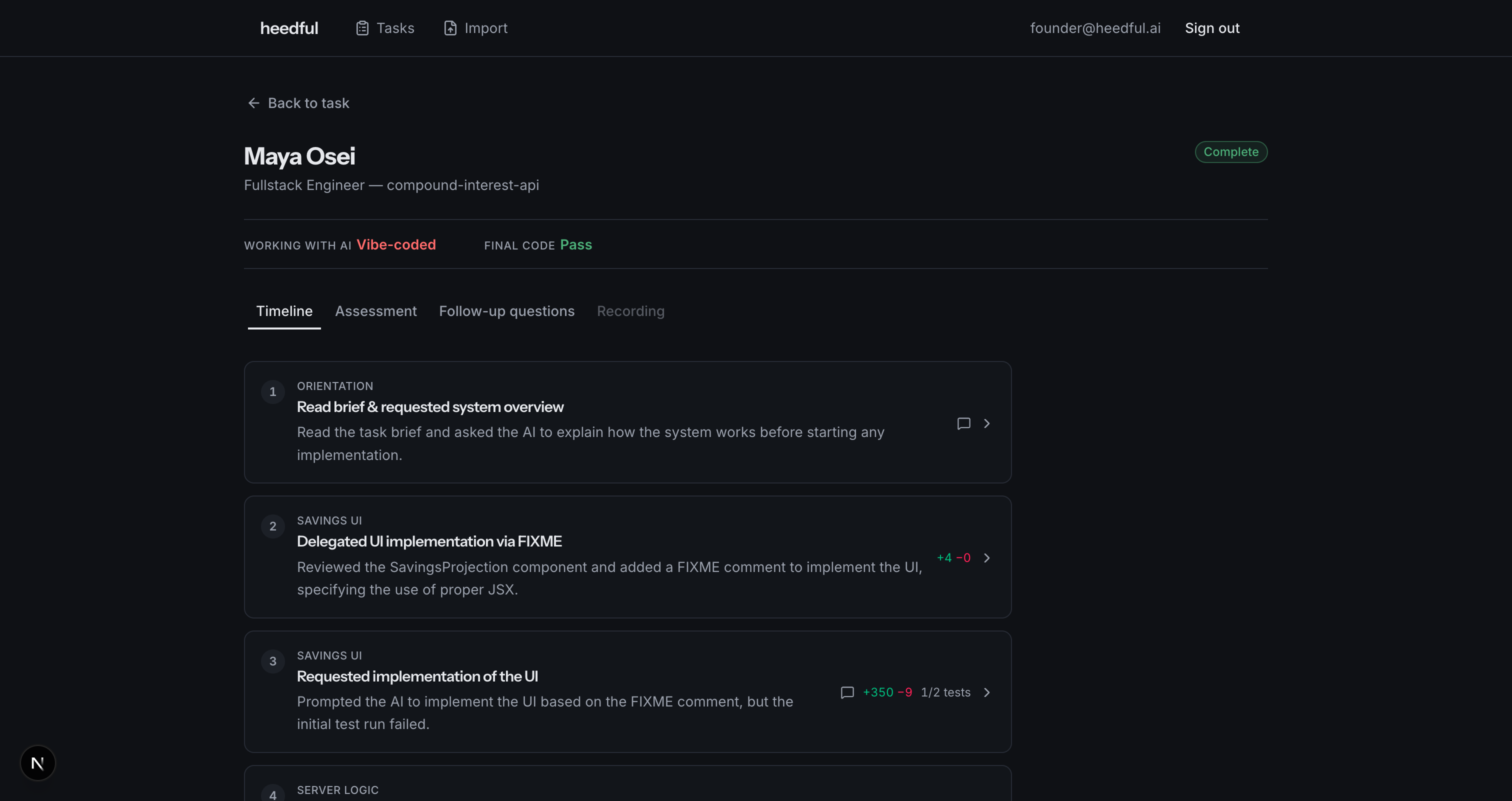 Heedful console: timeline view showing candidate's step-by-step AI collaboration